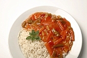 composition, food, delicious, healthy, vegetable, tomato, pineapple, cabbage, bamboo shoot, onion, calorie  poor, protein, red, reflection, breakfast, meal, snack, vitamins, victuals, comestible, edibles, smoked, smoke-dried, vegetarian, close-up, standing, rice, steak, cut, basil, canned food, warm, letcho, chinese, uscious, sweet, acerbic, gravy, sauce, leaf, paprika, red capsicum, red pepper, bowl, plan, quadratic, CD 0013, Kiss L�szl�, L�szl� Kiss