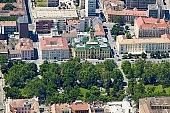 Szeged, central, town, city, downtown, birds eye view, of birds eye view, park, street, air photograph, air photo, aerial, Szechenyi square, square, city center, house, houses, grassland, trees, green, city hall, tower, sunlight, sunshine, CD 0029, Kiss L�szl�, L�szl� Kiss