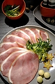 composition, food, delicious, healthy, vegetable, ham, leg of pork, bacon, cucumber, standing, calorie  poor, protein, red, reflection, cold collation, cold meat, cold buffet, breakfast, meal, snack, vitamins, victuals, comestible, edibles, smoked, smoke-dried, vegetarian, close-up, salad, ham cantle, gusto, wellness, plate, desk, lunch, dinner, flat, gray, CD 0013, Kiss L�szl�, L�szl� Kiss