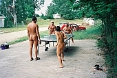 nudism, nudist friends, event, competition, match, naturism, naturist, nudist, woman, man, naturist friends, fraternity, fellowship, young, naked, stripped, in a state of nature, in the buff, in the nude, unclad, sport, game, table tennis, pingpong, desk, camping, beach, Delegyhaza, 2003, CD 0094