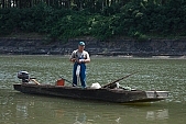 Tisza, Hungary, river, riverside, boat, motorboat, fisher, cane, trolling-rod, fish, great cat-fish, water, on the water, drifting, man, 2007, CD 0051, Kiss L�szl�, L�szl� Kiss