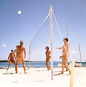 naturism, naturist, naturist man, group, nudist, nudist lady, naturist woman, naturist girl, nudist man, St Martin, Club Orient, Orient, girl, woman, club, man, white, clouds, unclad, stripped, naked, sunbather, palm, palms, mountain, apex, apices, sky, wet, peace, affection, liking, love, unclothed, adult, nature, in the nature, blue, sand, with sand, island, coast, beach, sea, billows, deep, wind, hair, pie in the sky, naturist beach, sport, game, volleyball, beach volleyball, match, ball, net, sportive, sportives, laughing, laugh, smile, together, delight, zest for life, summer, recreation, relaxation, repose, rest, warm, water, wave, gale, frothy, effervescent, 1988, CD 0034