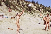 naturist, nudist, naturist woman, naturist man, nudist women, nudist man, naturist girl, naturist family, sun, sunlight, sun-bathing, sunbathing, recreation, relaxation, repose, rest, disengagement, distraction, resource, nature, summer, holidays, fry, swelter, health, game, sportive, team, match, sport, sand, ball, ball game, aloft, stroke, as brown as a berry, near nature, beach, waterfront, lake, lake side, field naturist, Polish, Poland, Kryspinow, 1989, CD 0036