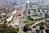 Szeged, air photograph, air photo, town, city, upwards, of birds eye view, road, roads, ways, building estate, housing estate, Rokus, Makkoshaza, Tarjn, Makkoshaz boulevard, Rokusi boulevard, Csongradi avenue, Budapesti boulevard, crossroad, house, houses, panel concrete house, tower, post tower, tree, trees, green, green belt, forest, square, Media Markt, Penny business house, Deak gymnasium, 2007, CD 0042, Kiss Lszl, Lszl Kiss