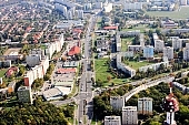 Szeged, air photograph, air photo, town, city, upwards, of birds eye view, road, roads, ways, building estate, housing estate, Rokus, Makkoshaza, Tarjn, Makkoshaz boulevard, Rokusi boulevard, Csongradi avenue, Budapesti boulevard, crossroad, house, houses, panel concrete house, tower, post tower, tree, trees, green, green belt, forest, square, Media Markt, Penny business house, Deak gymnasium, 2007, CD 0042, Kiss Lszl, Lszl Kiss