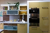 kitchen furniture, kitchen, furniture, built-in furniture, recent, trendy, style, furniture factory, household, cabinetmaker, of lath, veneer, panelling, painted, plastic cover, kind of timber, , built-in kitchen units corner, washing up bowl, decor, furnishings, interior decoration, design of furniture, pieces of furniture, holder of furniture, glass, glossy case, ornamental glass, shelf, shelves, case, cases, front of door, bentwood of furniture, arched, curved, bent, counter, extractor fan, cooker, ceramics cooker, built-in cooker, built-in kitchen equipment, white, brown, exhibition room, kitchen studio, interior, interiors, CD 0023, Kiss László, László Kiss