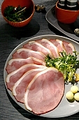 composition, food, delicious, healthy, vegetable, ham, leg of pork, bacon, cucumber, standing, calorie  poor, protein, red, reflection, cold collation, cold meat, cold buffet, breakfast, meal, snack, vitamins, victuals, comestible, edibles, smoked, smoke-dried, vegetarian, close-up, salad, honeydew melon, melon, marble, egg, quail, cup, plate, pineapple, cover, spread, table cloth, desk, lunch, dinner, CD 0013, Kiss L�szl�, L�szl� Kiss