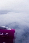 Wizz Air, turbine, air photograph, air photo, cloud, light, sky, birds eye view, high, airplane, plane, ray, beam, aerials, aerial, air photos, environment, ambience, plan, air, white, blue, pink, purple, magenta, traveling, sun-ray, island, of birds eye view, above, up, CD 0029, Kiss L�szl�, L�szl� Kiss