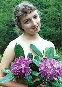 naturism, Caucasus mountain area, young naturists, young nudist, purple flower, flavor, aroma, odor, perfume, scent, Russia, nudism, woman, young, naturist, nudist, mountain, hillside, unclad, stripped, naked, plant, blossom, bloom, flower, greenery, fkk, INF, tree, light, shadow, mysterious, CD 0058