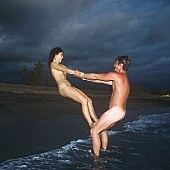 naked, stripped, naturist, nudist, fkk, INF, Queen s bath, balance, poise, Honokohau, dark, naturist pair, family, summer, recreation, relaxation, repose, rest, unclad, sea, billows, deep, physical exercise, gymnastics, cloud, clouds, sand, evening, sunset, nightfall, plant, woman, pair, man, friend, water, people, game, CD 0070