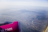 Margit-sziget, Margit sziget, Duna, capital, capital city, capital town, air, aerial, air photograph, white, blue, pink, Budapest, ray, beam, aerials, Wizz Air, turbine, air photo, cloud, light, sky, birds eye view, high, airplane, plane, air photos, environment, ambience, plan, purple, magenta, traveling, sun-ray, island, of birds eye view, above, up, CD 0029, Kiss L�szl�, L�szl� Kiss