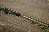 Bzmot, Szentes, Szentes city, Csongrad county, engine, engines, rail, tracks, Hungary, train, trains, transportation, traveling, railway carriage, car, carriage, coach, vehicle of transport, platform, rails, track, outskirts, green, tree, trees, air photograph, air photo, air photos, aerials, aerial, plan, air, of birds eye view, regular, agriculture, field, meadow, CD 0029, Kiss Lszl, Lszl Kiss