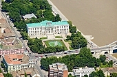 Szeged, Mora Ferenc Museum, museum, Tisza, Tisza river, bridge, bridge of downtown, city center, birds eye view, Roosevelt square, theather building, air photograph, air photo, aerial, wharf, museum garden, waterworks, building, buildings, summer, sunlight, Szeged National Theatre, river, blond, CD 0029, Kiss L�szl�, L�szl� Kiss