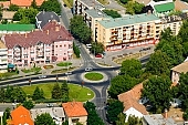 Mak, Hungary, Csongrad county, traffic circle, block of flat, block of flats, perspective, air, aerial, summer, city center, air photograph, air photo, spring, aerials, house, shooting, green, tree, trees, church, air photos, panorama, birds eye view, outskirts, houses, line of houses, street, streets, building, buildings, road, roads, ways, garden, environment, ambience, neighbor, neighborhood, plan, square, gardens, rooftop, dingy, down at the heel, forlorn, frowzy, neglected, raffish, raunchy, scruffy, sleazy, uncared-for,  untented, of birds eye view, CD 0029, Kiss Lszl, Lszl Kiss