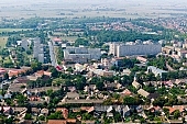Mak, Hungary, Csongrd county, church, air photograph, air photo, air photos, panorama, perspective, hazy air, critter, haze, steam, vapor, air, aerial, shooting, green, tree, trees, summer, spring, aerials, birds eye view, outskirts, garden city, garden suburb, house, houses, line of houses, street, streets, building, buildings, road, roads, ways, garden, environment, ambience, neighbor, neighborhood, plan, square, gardens, rooftop, dingy, down at the heel, forlorn, frowzy, neglected, raffish, raunchy, scruffy, sleazy, uncared-for,  untented, of birds eye view, CD 0029, Kiss Lszl, Lszl Kiss