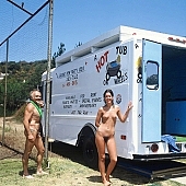 naked, stripped, young naturists, nudism, to sun oneself, to sun, to sunbathe, naturism, naturist, nudist, in a state of nature, in the buff, in the nude, unclad, beach, naturist beach, nudist beach, woman, young nudist, water, car, in the truck, jacuzzi, bathtub, bath, pool, vat, bathe, bathing, Samagatuma, Laua, 1982, Hawaii, CD 0092