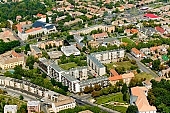 Mak, Hungary, Csongrad county, block of flat, block of flats, perspective, air, aerial, summer, city center, garden city, garden suburb, house, shooting, green, tree, trees, air photograph, air photo, spring, aerials, church, air photos, panorama, birds eye view, outskirts, houses, line of houses, street, streets, building, buildings, road, roads, ways, garden, environment, ambience, neighbor, neighborhood, plan, square, gardens, rooftop, dingy, down at the heel, forlorn, frowzy, neglected, raffish, raunchy, scruffy, sleazy, uncared-for,  untented, of birds eye view, CD 0029, Kiss Lszl, Lszl Kiss