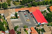 Mak, Hungary, Csongrad county, air, aerial, shopping center, red, summer, spring, aerials, shooting, green, tree, trees, air photograph, air photo, air photos, panorama, birds eye view, outskirts, city center, garden city, garden suburb, house, houses, line of houses, street, streets, building, buildings, road, roads, ways, garden, environment, ambience, neighbor, neighborhood, plan, square, gardens, rooftop, dingy, down at the heel, forlorn, frowzy, neglected, raffish, raunchy, scruffy, sleazy, uncared-for,  untented, of birds eye view, CD 0029, Kiss Lszl, Lszl Kiss